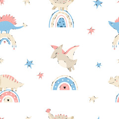 Seamless pattern with hand-drawn cute dinosaurs and rainbows in soft pastel colors. Perfect for kids designs, nursery prints, baby apparel, and playful fabric or wallpaper.