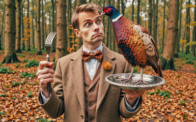 A man perplexed by a live pheasant perched on his plate