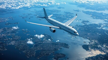 Fototapeta premium Aerial View of Airplane Soaring Over Coastal Cityscape