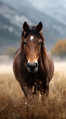 Majestic brown horse walking through a misty field at dawn with mountains in the background