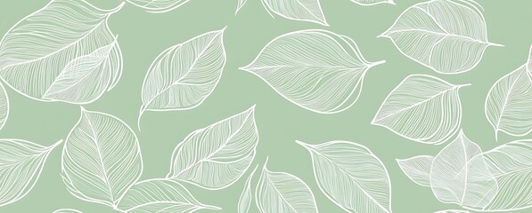White hand drawn leaves seamless pattern on light green background