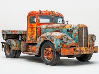 Old rusty truck with flatbed isolated on white background showing heavy wear.
