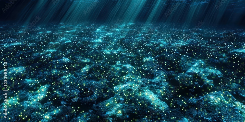 Poster a coral reef teeming with thousands of tiny, glowing coral polyps, creating a mesmerizing pattern