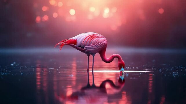 Flamingo standing in still water reflecting colorful mosaic background