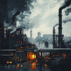 Industrial Complex at Dusk, Smoky Atmosphere