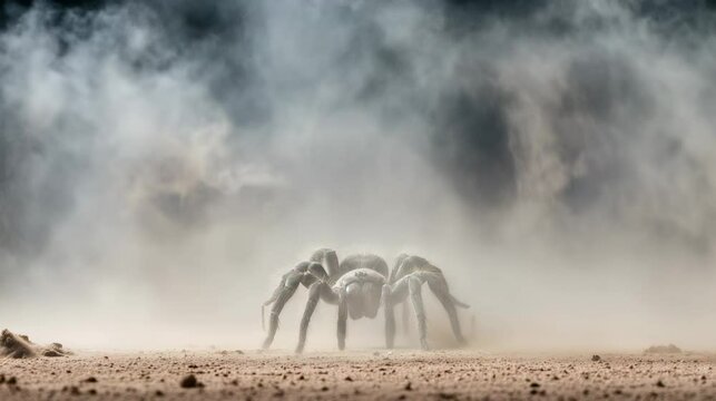A tarantula emerges from a swirling dust cloud on a sandy terrain under a dramatic, dark background.