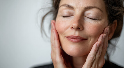 retrato de una hermosa mujer de 50 años con los ojos cerrados, sosteniendose la cara con sus manos, dandose un masaje o tratamiento facial para relajarse o cuidad su piel