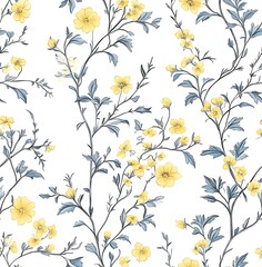 A beautiful yellow and blue wildflower seamless pattern on a cream background
