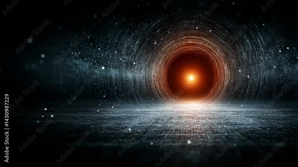 Poster abstract tunnel perspective with circular lines leading to a glowing orange light, creating a futuri