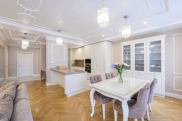 interior apartment kitchen and dining room, refectory area, cooking equipment, table furniture, stove