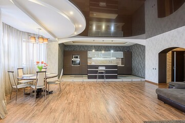 interior apartment kitchen and dining room, refectory area, cooking equipment, table furniture, stove