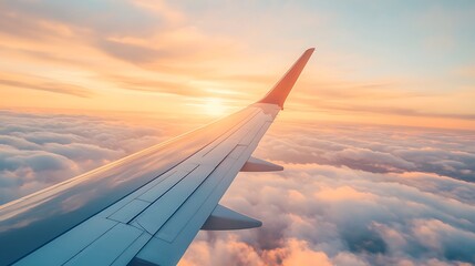Obraz premium Airplane wing over sunset clouds (1)