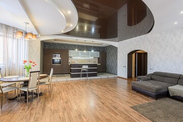 interior apartment kitchen and dining room, refectory area, cooking equipment, table furniture,...