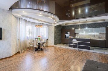 interior apartment kitchen and dining room, refectory area, cooking equipment, table furniture, stove