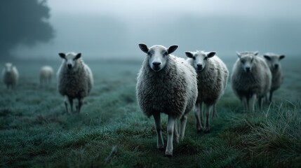 Fototapeta premium Morning gathering of fluffy sheep pastoral field realistic photograph misty environment close-up midjourney khris