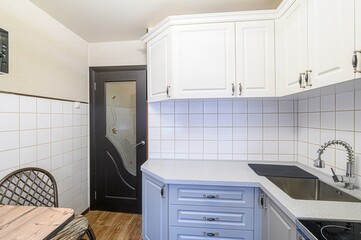 interior apartment kitchen and dining room, refectory area, cooking equipment, table furniture,...