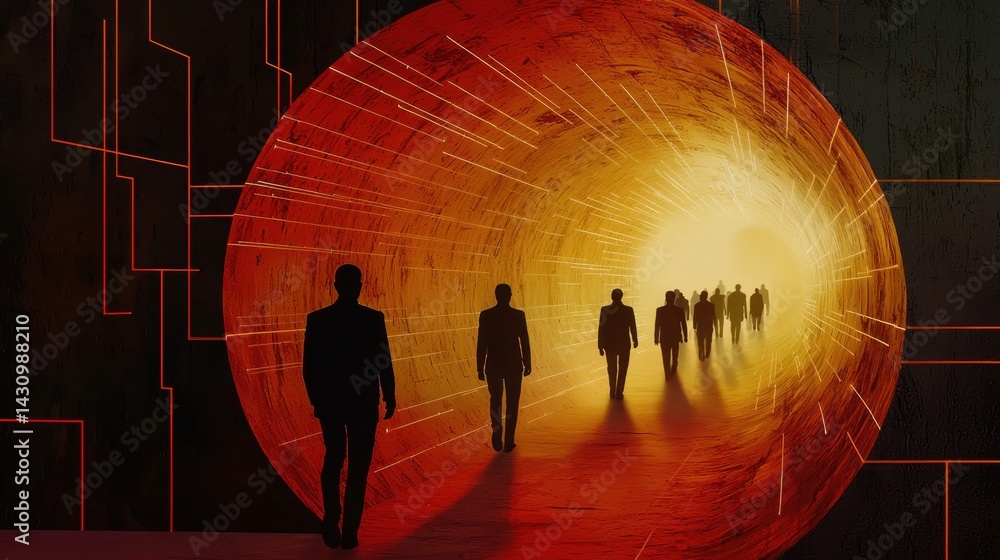 Poster binary tunnel with shadows of humans walking into the light, digital network symbolism