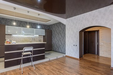 interior apartment kitchen and dining room, refectory area, cooking equipment, table furniture, stove
