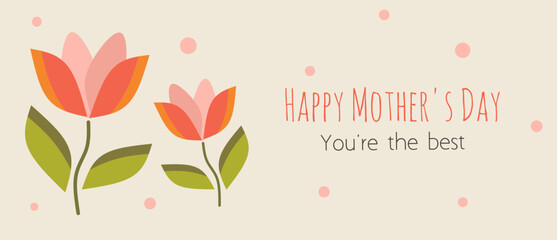 Happy Mother's day greeting card with beautiful blossom flowers, abstract tulips on white background poster, banner. Creative spring card template with typography text. Happy Women's Day illustration.