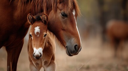 Foal standing close to mare pasture realistic photograph natural setting eye-level view animal bonding