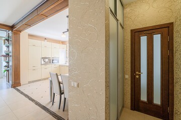interior apartment kitchen and dining room, refectory area, cooking equipment, table furniture,...