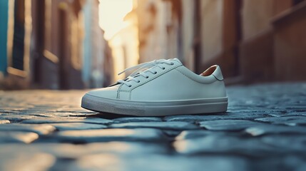 Elegant simplicity: A pristine white sneaker on historic cobblestone streets background