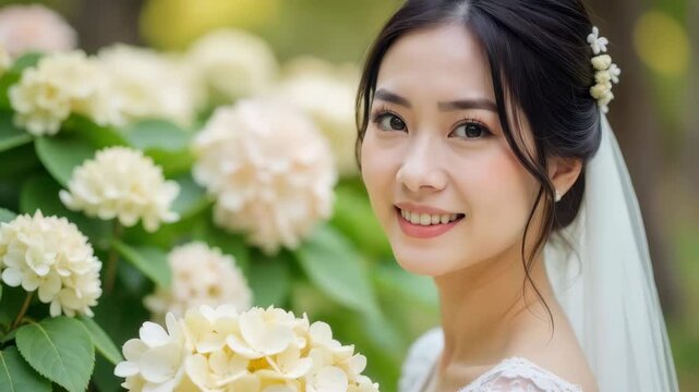 Korean bride smiley face near Hydrangea border. Wedding east asian culture