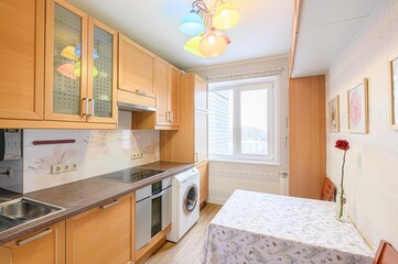 interior apartment kitchen and dining room, refectory area, cooking equipment, table furniture,...
