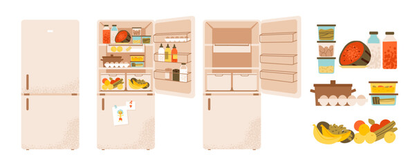 Fridge with shelves and groceries. Refrigerator with food, closed and empty. Household appliance used for food and beverage storage, cooling, and daily meal organization. Flat vector illustration.