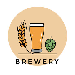 Brewery logo design with beer glass wheat and hop vector illustration for branding 