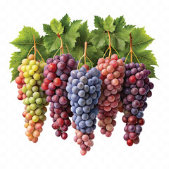 realistic fresh grapes hanging from a branch with green leaves in a natural setting isolated on transparent background