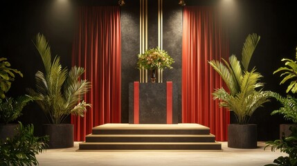 Central podium with elegant red drapery backdrop, showstopper look