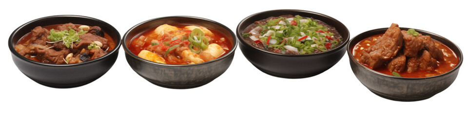 Four bowls of different asian soups with meat and vegetables on a transparent background close up view png