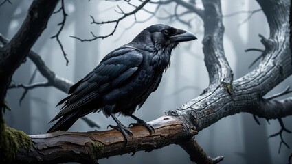 Raven perched in misty forest (1)
