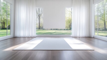 Fototapeta premium Bright, spacious, modern living room with large windows overlooking a garden