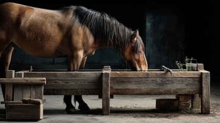 Horse drinking from wooden trough stable realistic photograph indoor side view midjourney khris
