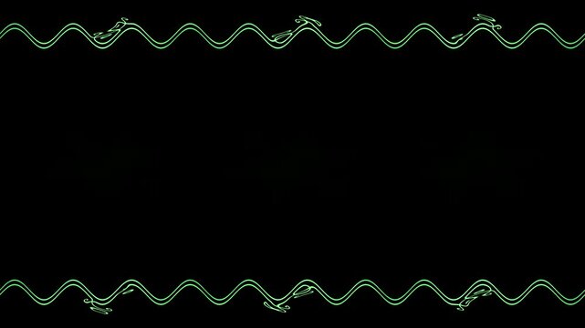 Long rectangular wavy horizontal decorated golden still long lines frame on black background. Space for your own content.