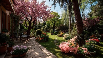Obraz premium Beautiful garden in full bloom, with vibrant flowers, lush trees, and a serene patio.
