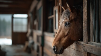 Fototapeta premium Horse gazing over stable barn realistic photograph indoor environment close-up view midjourney khris