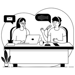 Morning Podcast with Coffee vector design, Podcast or slice-of-life journalism scene,Sitcom web series banner, vodcast audio blogging stock illustration, Dynamic collaborative podcasting concept