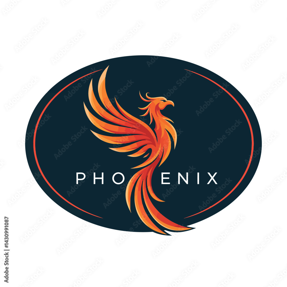 Poster phoenix bird logo design with fiery orange and red colors on dark background for branding and identi
