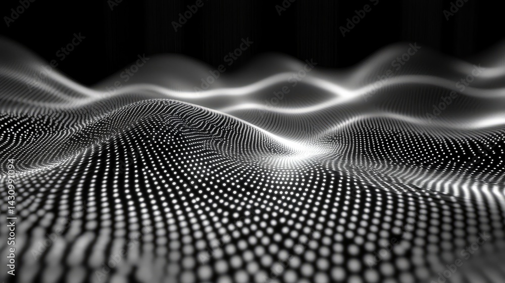 Poster 3d particles in motion forming symmetrical wave patterns in a holographic-style environment