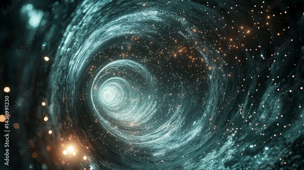 Poster 3D rendering of particle waves with glowing dots moving rhythmically in a futuristic digital environment