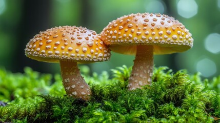 Two vibrant orange-yellow mushrooms on mossy ground