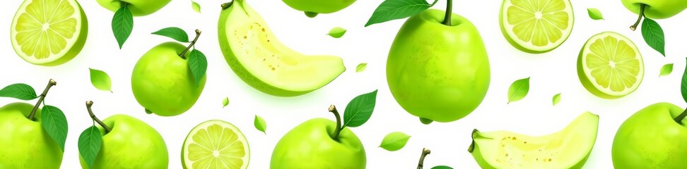 Seamless pattern of various fresh green fruits on a white background, freshness, organic