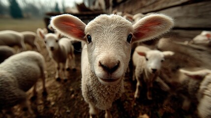 Obraz premium Curious lamb observing farm standard pasture realistic photograph rural setting close-up midjourney khris
