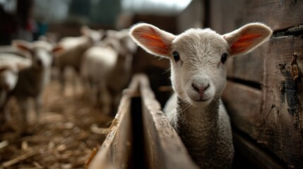 Obraz premium Lamb curiously observing standard farmyard realistic photograph barn environment close-up view midjourney concept