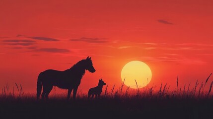 Sunset Prairie Horse Foal Silhouette