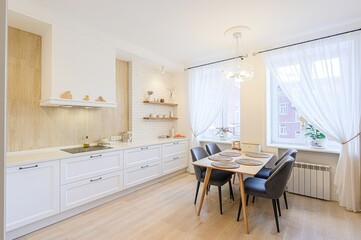 interior apartment kitchen and dining room, refectory area, cooking equipment, table furniture, stove