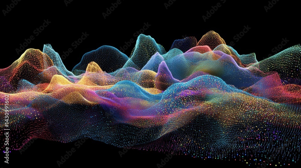 Poster abstract digital landscape of points and waves representing particle motion in a tech network